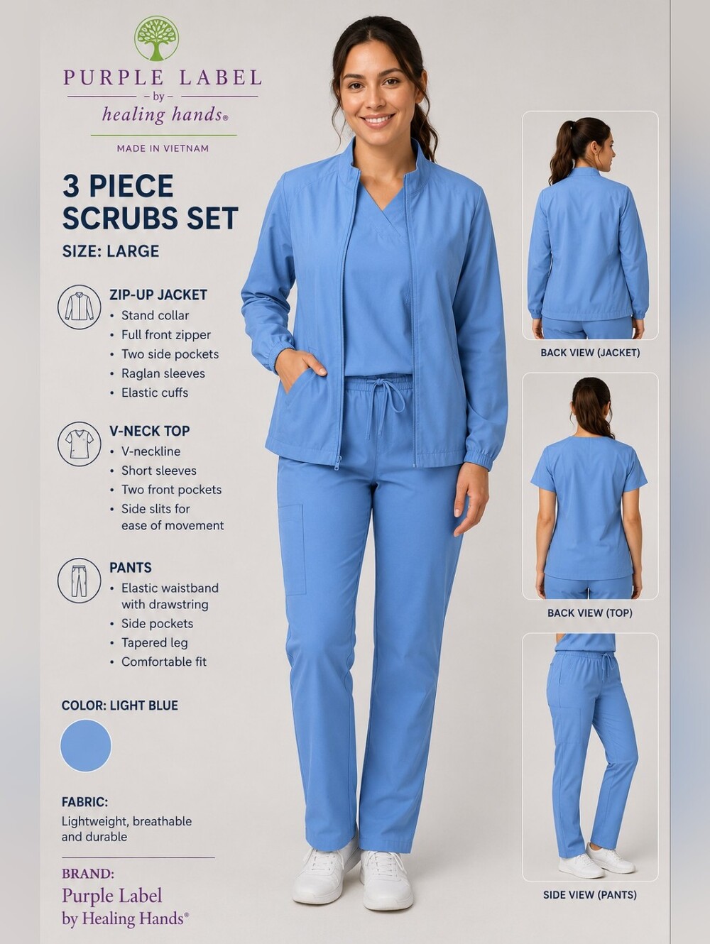 Purple Label by Healing Hands 3 Piece Scrub Set Light Blue L/XL